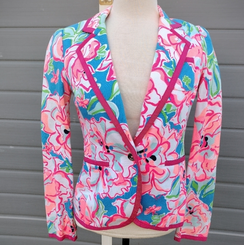 Lilly Pulitzer Malibu Blazer Jacket  Flutter Blue Lucky Charm Sz XS